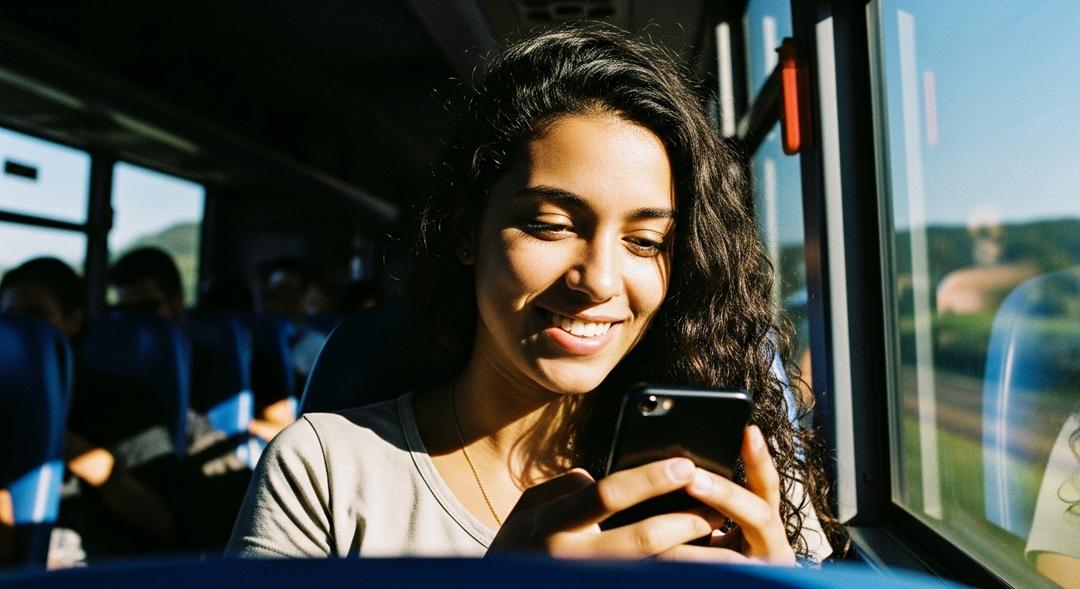 Mulher sorrindo usando celular no ônibus